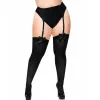 LEG AVENUE - BLACK NYLON THIGH HIGHS WITH BLACK BOW PLUS SIZE