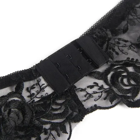 SUBBLIME - SET OF 3 PIECES BRA + THONG + GARTER FLORAL PRINT BLACK L/XL