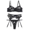 SUBBLIME - SET OF 3 PIECES BRA + THONG + GARTER FLORAL PRINT BLACK L/XL