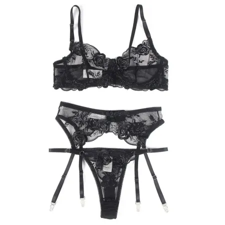 SUBBLIME - SET OF 3 PIECES BRA + THONG + GARTER FLORAL PRINT BLACK L/XL