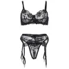 SUBBLIME - SET OF 3 PIECES BRA + THONG + GARTER FLORAL PRINT BLACK L/XL