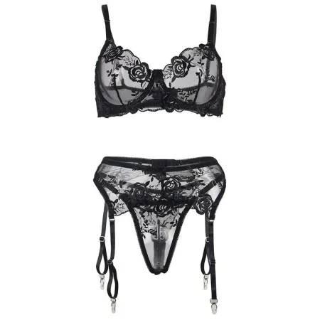 SUBBLIME - SET OF 3 PIECES BRA + THONG + GARTER FLORAL PRINT BLACK L/XL