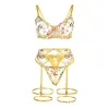 SUBBLIME - 954352 BRA + THONG + GARTER BELT FLORAL DESIGN YELLOW L/XL
