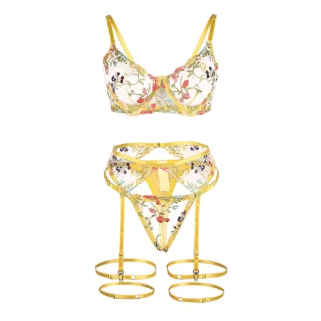 SUBBLIME - 954352 BRA + THONG + GARTER BELT FLORAL DESIGN YELLOW L/XL