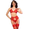 CHILIROSE - CR 4848 RED LACE BRA + THONG + STOCKINGS SET S