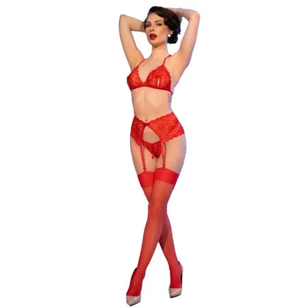 CHILIROSE - CR 4848 RED LACE BRA + THONG + STOCKINGS SET M