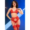 CHILIROSE - CR 4848 RED LACE BRA + THONG + STOCKINGS SET XL