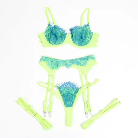 SUBBLIME - 955328 BRA SET WITH LACE AND GARTER LINES GREEN AND BLUE L/XL
