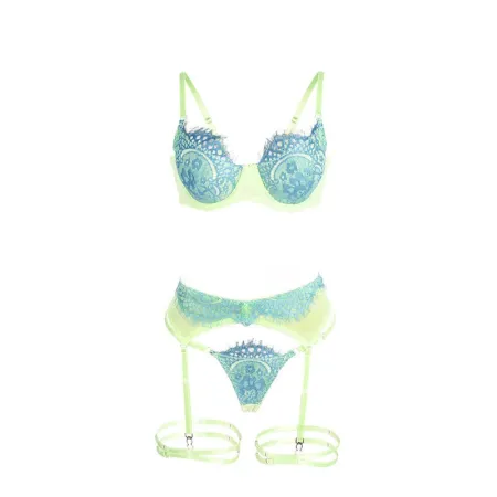 SUBBLIME - 955328 BRA SET WITH LACE AND GARTER LINES GREEN AND BLUE L/XL