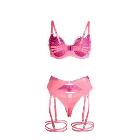 SUBBLIME - 955366 BRA SET WITH LACE AND GARTER LINES PINK AND PURPLE L/XL