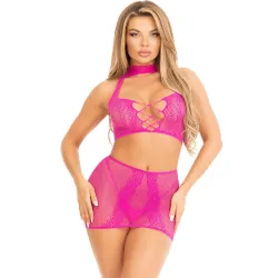LEG AVENUE - FUCHSIA OPEN LACE TOP & SKIRT