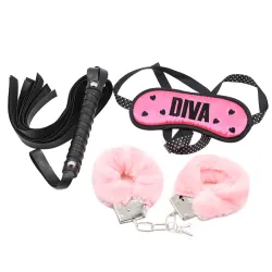 OHMAMA FETISH - BONDAGE 3 PIECES SET CUFFS EYEMASK AND WHIP