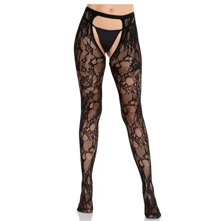 LEG AVENUE - ROSE LACE STOCKINGS WITH OPEN BACK BLACK