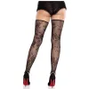 LEG AVENUE - FLORAL LACE FOOTLESS STOCKINGS BLACK