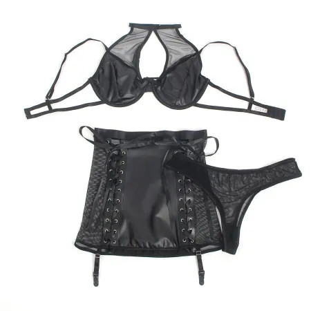 SUBBLIME - 957582 LEATHER BRA AND SKIRT SET BLACK S/M