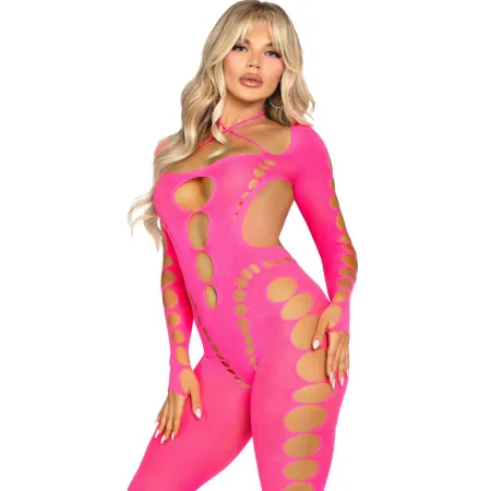 LEG AVENUE - PINK OPEN BACK BODYSTOCKING ONE SIZE