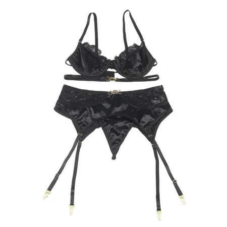 SUBBLIME - SET OF 3 PIECES BRA + THONG + LACE GARTER BLACK L/XL