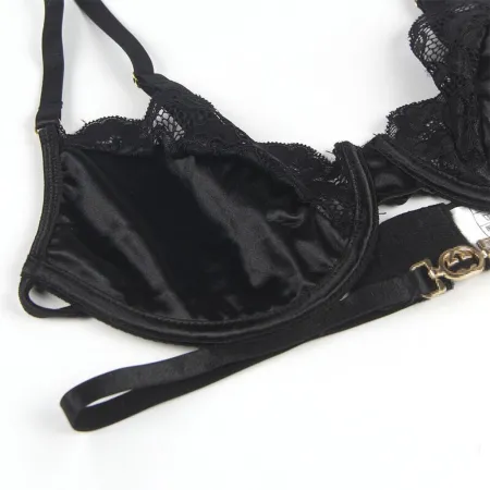 SUBBLIME - SET OF 3 PIECES BRA + THONG + LACE GARTER BLACK L/XL