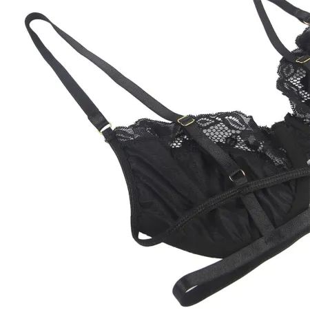 SUBBLIME - SET OF 3 PIECES BRA + THONG + LACE GARTER BLACK L/XL