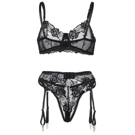 SUBBLIME - 945244 BRA + PANTIES WITH GARTER BELT FLORAL DESIGN BLACK L/XL