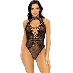 LEG AVENUE - NET AND LACE KEYHOLE HALTER BODYSUIT ONE SIZE