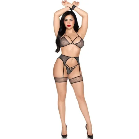 LEG AVENUE - 89362 TOP + THONG+ GARTER BELT + HANDCUFFS SET BLACK - ONE SIZE